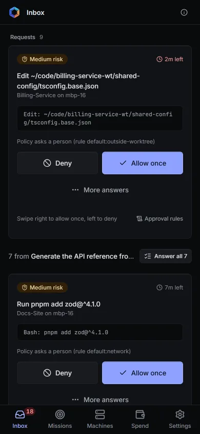 The Orgus phone app: the Inbox with a medium-risk edit and a package install, each with Deny and Allow once.