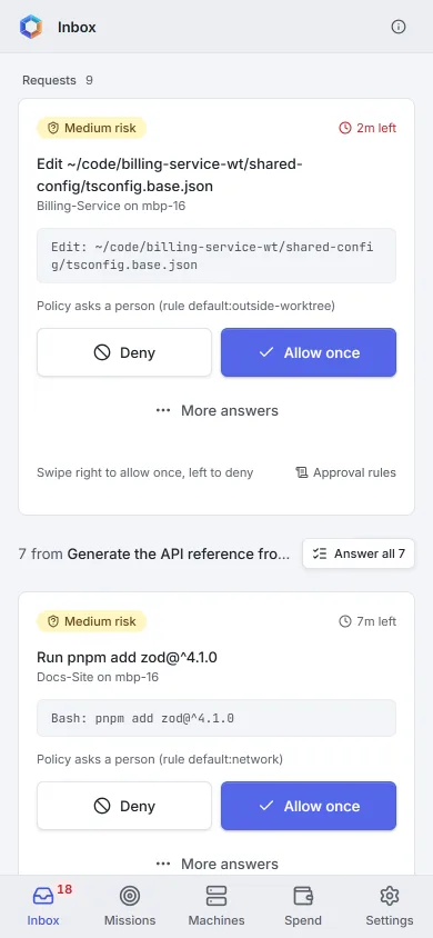 The Orgus phone app: the Inbox with a medium-risk edit and a package install, each with Deny and Allow once.