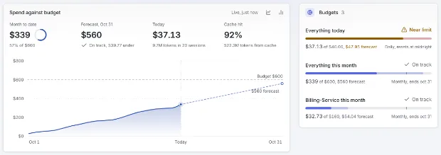 Spend: month to date against the budget with a forecast line, today and cache hit, and three budgets, one near its limit.